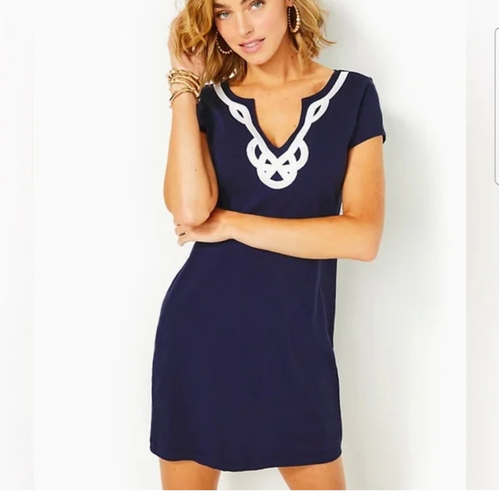 Navy Short-Sleeve Embroidered V-Neck Dress